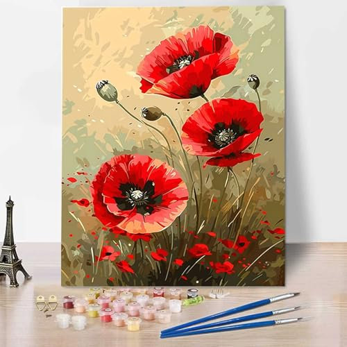 Pavot Peinture par Numéros pour Adulte, Peinture Numero Adulte Kit de Peinture à l'huile sur Toile Bricolage pour Enfant avec pinceaux Peinture de Dessin de Pigment Acrylique 40x50cm Fleur 0-L