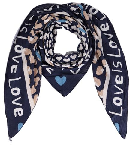 Damen Musselin Halstuch Made in Italy mit Leo Love Happy– Leichtes Dreieckstuch für Frühling & Sommer, Baumwolle, ca.195x85 cm (Love Navy)