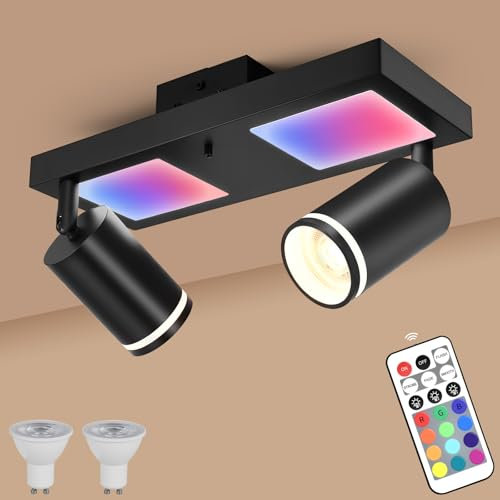 YindaLux Deckenstrahler LED Dimmbar mit Fernbedienung, RGB Farbwechsel 17W 2300LM Deckenlampe Strahler Schwenkbar, Schwarz Deckenleuchte 2 Flammig mit Unteres Glühen 7W+2x5W GU10 Spot für Wohnzimmer
