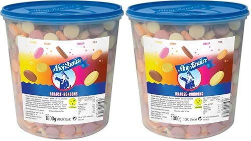 Frigeo Ahoj-Brause, Die Klassiker: runde Bonbons in den vier Geschmacksrichtungen Zitrone, Orange, Himbeere und Cola, 1000 Stück im Eimer (1,8kg) (Packung mit 2)