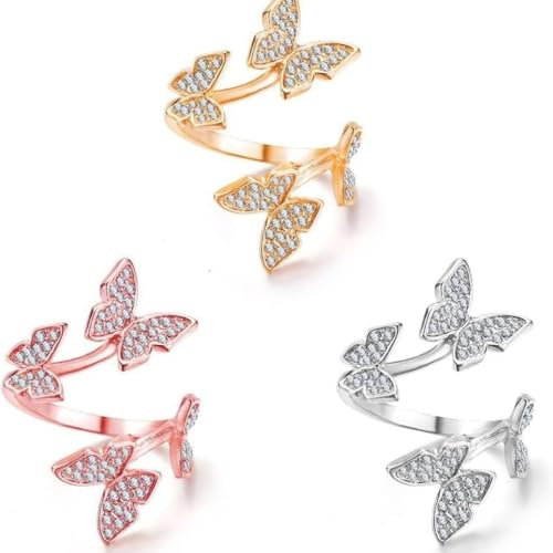 3 Stück Schmetterling verstellbare Strickschlaufe Häkeln Strickring Fingerhut Garn Führung Strickring Zubehör, Edelstahl, Kein Edelstein