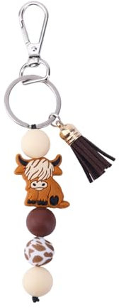 Mikovivi Schlüsselanhänger mit Hochlandrind-Perlen, Silikon Süßes Geschenk Tier-Schlüsselanhänger Hochlandrind-Partygeschenk für Frauen und Männer Autogeschenk