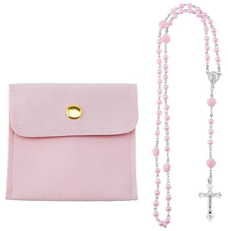 DICOSMETIC Rosa Rosenkranz Halskette Perlen Rosenkranz Halsketten 26.38 Zoll (67cm) Legierung Jesus Kreuz Rosenkranz Halskette Für Frauen Männer Mit 1 Stück PU Leder Schmuck Verpackungstaschen
