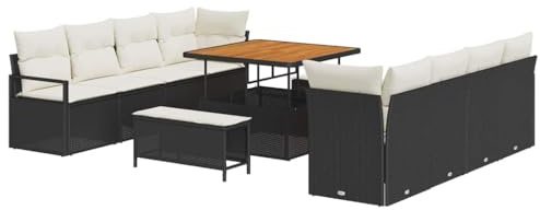 vidaXL Garten-Sofa-Set mit Kissen 11 pcs Schwarz Poly Rattan, Garten- und Terrassen Lounge Set, rechteckig, modern, modulare Sofas, verstellbare Füße, langlebige Möbel