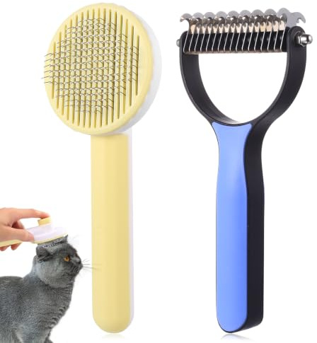 ANBEEISS 2 Pcs Self-Cleaning Grooming Brush Set for Cats & Dogs | Dog brush, cat brush, cat hair brush, undercoat brush, double-sided slicker brush, fur brush, one-button long/short hair