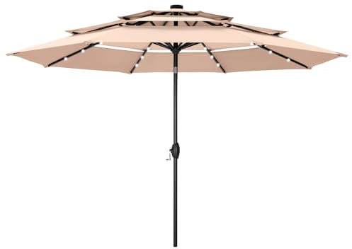 PHI VILLA 3m Garden Parasol Umbrella for Sun Protection with LED Lights 3 Tier Patio Outdoor Waterproof Umbrella with Crank,Beige