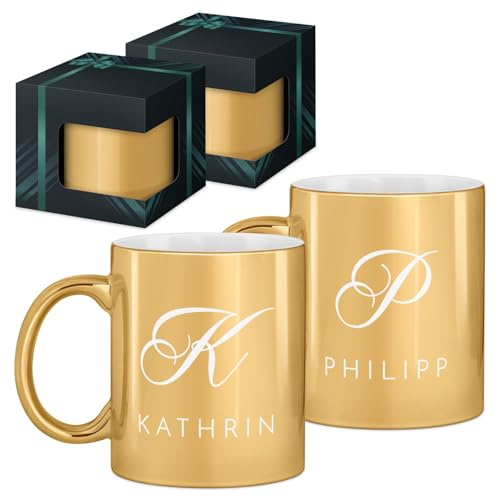 Maverton 2er Keramik Tassen Set 330ml mit Gravur, Kaffeebecher | Funktionellem Henkel, Hochzeitsgeschenke für Brautpaar, personalisierte Geschenke für Paar zum Hochzeitstag, gold glänzend