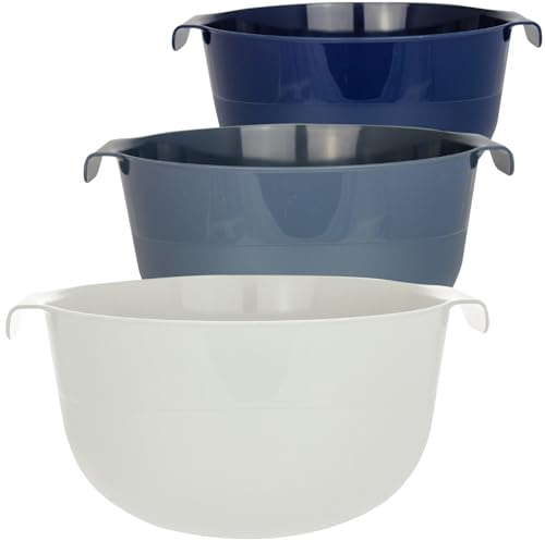 SUSTANIA Set di 3 ciotole in plastica con beccuccio e manici in blu, grigio e bianco, per cucina e cottura