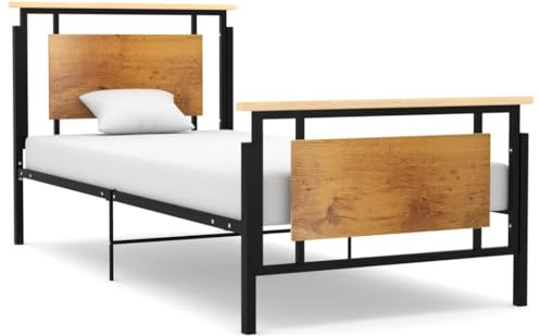 Qnhdfrt Metallbettgestell 90x200 cm aus massiver Eiche & pulverbeschichtetem Metall Robustes Bett mit stabilen Latten für erholsamen Schlaf Gästebett oder Jugendbett