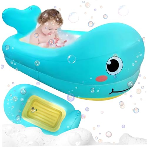 Aufblasbare Babybadewanne, 32 x 20 x 10 Zoll niedliche Cartoon-Wal-Babybadwanne mit Entwässerungsanschluss, weiches nicht gleitendes Kleinkind-Wesentliche für Mädchen, Jungen.