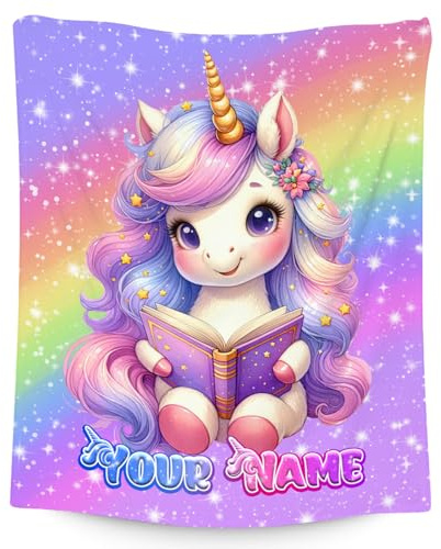 CustomWish Personalisierte Einhorn-Decke für Mädchen – Kuschelige Regenbogen-Fleecedecke mit Namen – Weiches Geschenk für Kinderzimmer & Bett (4 Größen)