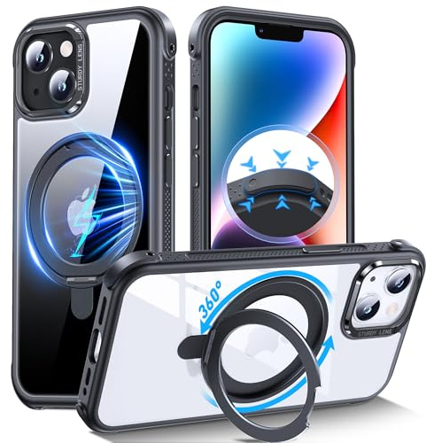 DASFOND für iPhone 13/14 Hülle, [Kompatibel mit MagSafe ] 360°Magnetischer Ständer Militärschutz Schlankes, Stoßfeste Kratzfeste Handyhülle für iPhone 13/14 Case All-in-One, Transparent Schwarz