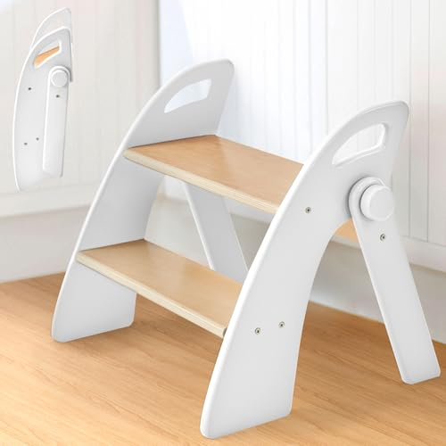 Sgabello di legno per Bambini a 2 Gradini Pieghevole, Capacità di 130 kg con Tappetino Antiscivolo e Maniglie, Scaletta per Bagno, Camera dei Bambini, Cucina, Bianco