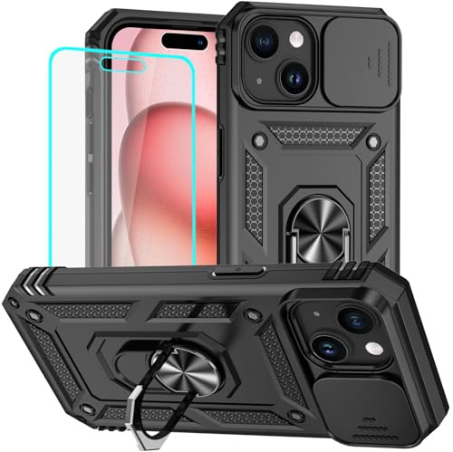 Yiakeng for iPhone 15 Case with Screen Protector: [Military Grade 20ft. Drop Tested] Slide Camera Cover Ring Shockproof Protective Phone Case for - iPhone 15 (Black)
