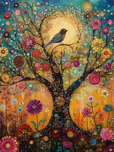 WELIWE Point de Croix Broderie Kits de Couture à la Main Bricolage 11CT Estampé pour Les Débutants Kit de Broderie Pré-imprimé Motif Arbre de vie Oiseau 40x50 cm
