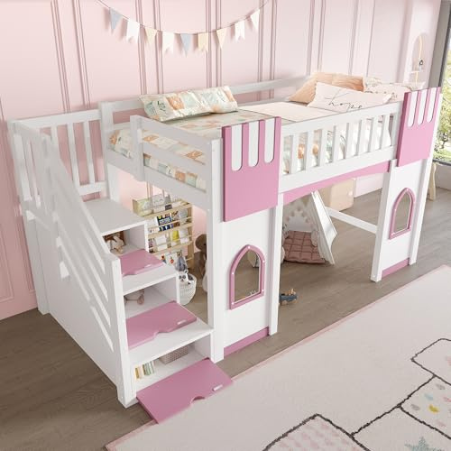 Xwiny Kinderbett 90x200 cm mit Stauraumtreppe und Fenster, Hochbett mit Durchgehende Leitplanke, Stauraumbett, Holzrahmen, Weiß+Rosa(Ohne Matratze)