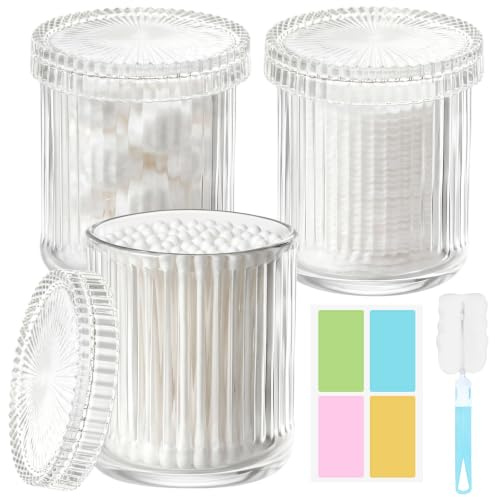 Maxumille 3 x 290ml Boite Coton Tige, + Brosse de Nettoyage et Autocollants | Verre Clair Distributeur Coton Tige, Boite a Cotons Tige Pot Rangement Porte - Coussin De Maquillage