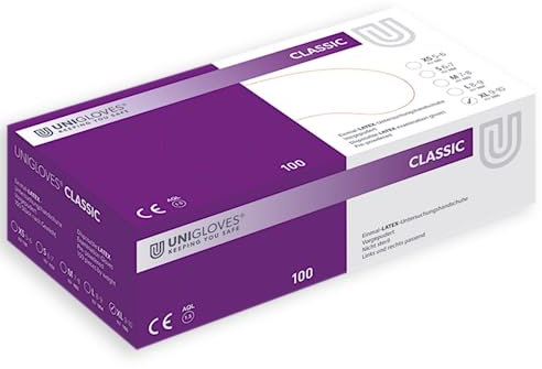 UNIGLOVES - Dehnbarer CLASSIC® Latexhandschuh | Mit Maisstärke gepudert gegen feuchte Hände | für Ärzte, Industrie & Kosmetikstudios | 100 Stück | Einmalhandschuh XL