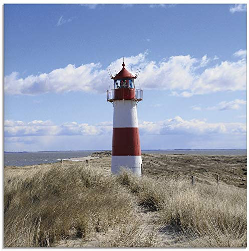 ARTland Wanddeko Glasbilder Wandbild Glas Bild einteilig 50x50 cm Quadratisch Strand Meer Nordsee Leuchtturm Sylt Dünen Gräser Wolken Sommer Urlaub T9ML