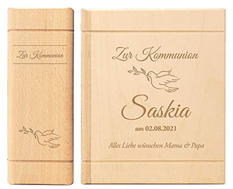 Casa Vivente Spardose in Buch-Optik, Sparbüchse mit Gravur zur Kommunion, Personalisiert mit Namen und Datum, Motiv Taube, Aus Birkenholz, Kommunionsgeschenk für Mädchen und Jungen