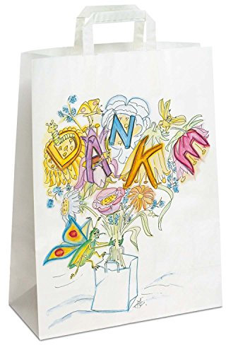 250 x Papiertüten 26+10x33 cm mit Motiv: Danke | stabile Geschenktaschen für Handel, Mitbringsel, Geburtstag | Papiertaschen aus Kraftpapier| HUTNER