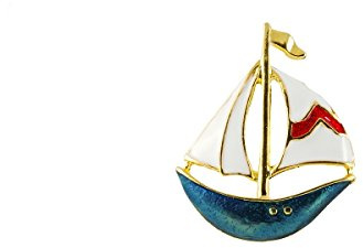 Broche Pin Voilier Blanc Bleu Laiton Plaqué Or