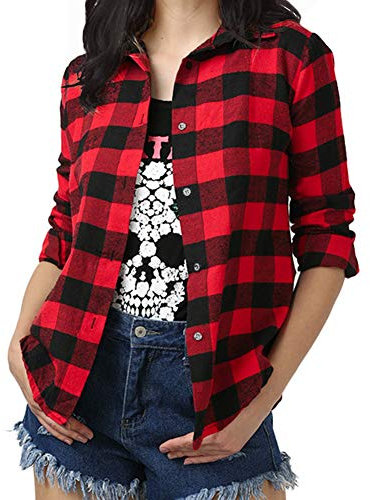 Fesky Womens Boyfriend Plaid Check Shirts Button Down Shirt Blouse Tops Red for Women Girls Oversized, Red & Black, M/UK 12-14(Tag Size 4XL)
