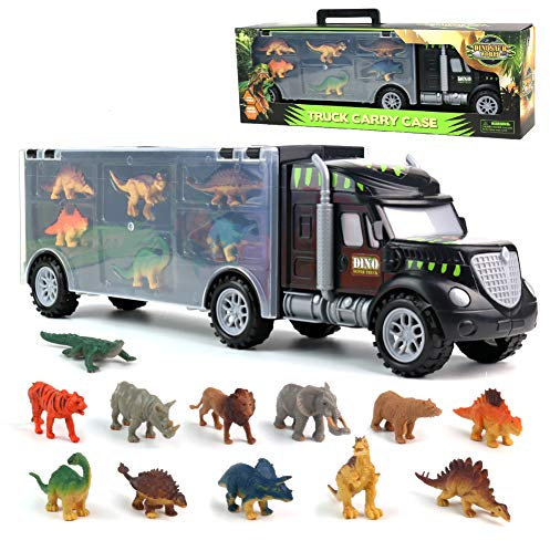 Akokie Dinosaur Toys for Boys Girls, Kids Toys Transport Carrier Truck with Dinosaur Animals Toy 12 Pcs Double Side Storage Set Birthday Christmas Easter Gifts for Kids Age 3+