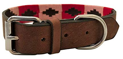 Handgefertigtes Hundehalsband aus Leder, bestickt, Pink Polo Argentinien, argentinischer Stil, Südamerika-Stich