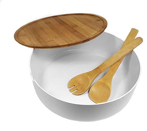 Spetebo XXL Salatschüssel mit Bambus Besteck 30 cm - weiß - Kunststoff Schale groß mit Holz Deckel - Rührschüssel Servierschüssel Schüssel mit Servierbesteck für Obst Salate Desserts lebensmittelecht