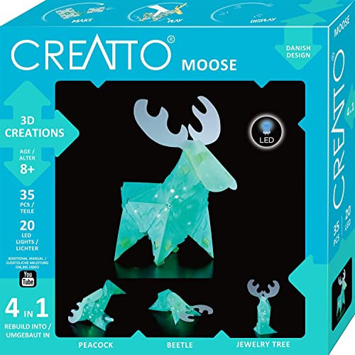 Thames & Kosmos 3478 CREATTO Elch 3D-Leuchtfiguren entwerfen, 3D-Puzzle für Elch, Pfau, Käfer, Schmuckbaum, kreative Zimmer-Deko, 36 Steckteile, 20-tlg LED-Lichterkette