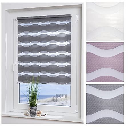 ourdeco® Doppel-Rollo, Duo-Rollo / 100 x 150 cm in Wellenform Wave grau/lichtdurchlässig, Blickdicht/Klemmen=Montage ohne Bohren=Smartfix=Klemmfix=Easy-to-fix