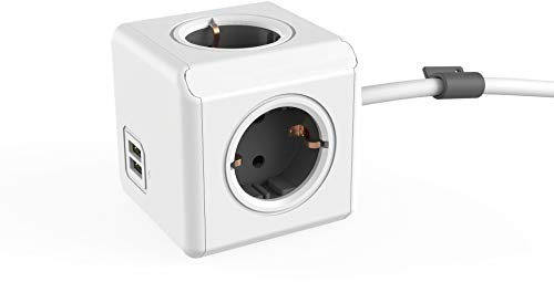 Power-Würfel Extended DuoUSB DE, Steckdosenwürfel mit 4 Steckdosen und 2 USB Ports, Schreibtisch Montage-Kit und 1,5m Kabel, grau-weiß
