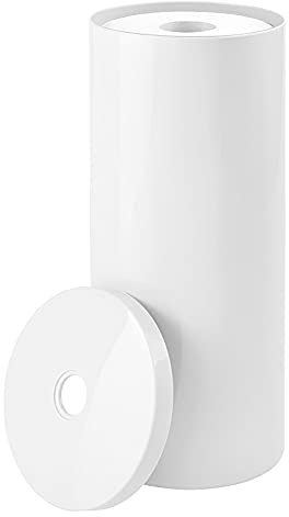 mDesign Modern Plastic Toilet Tissue Paper Holder Canister Stand with Lid - Vertical Bathroom Storage for 3 Rolls of Toilet Tissue - Holds Large Mega Rolls - White