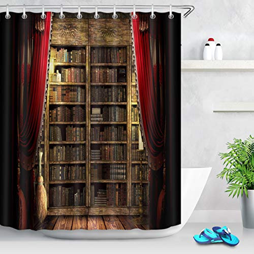 LB Halloween Duschvorhang Bücherregal,magische Bücher,roter Vorhang,Schloss Polyester Extra Lang Bad Vorhänge Wasserdicht Anti Schimmel Badezimmer Deko Heimzubehör mit Vorhanghaken,180X200cm