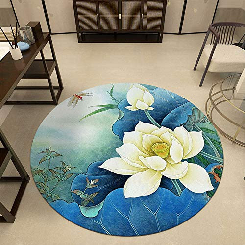 Tapis Rond Lavable en Machine, Morbuy À la Chinoise Lotus Imprimé Interieur Anti Slip Chambre à Coucher Salon Tapis d'Entrée Absorbant Antidérapant (120cm,Bleu)