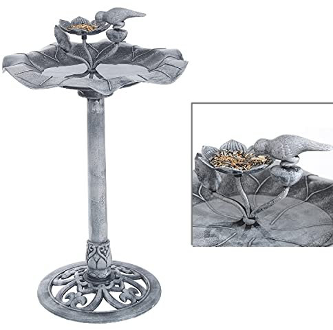 mucHome Vogeltränke mit Futterplatz auf Standfuß H:85cm Kunststoff Steingrau Schale Dekotränke Vogelbad
