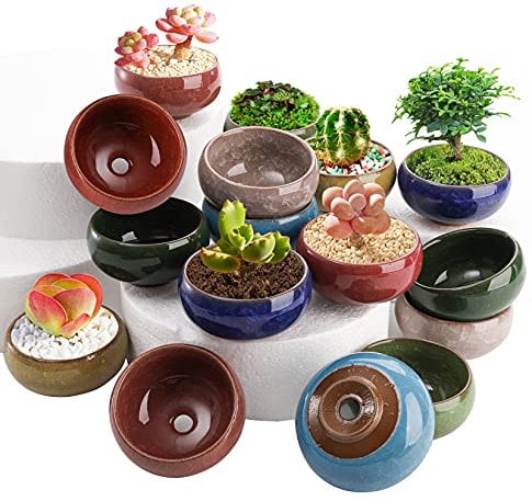 TOPZEA 16 Pack Mini Succulent Planter Pot, 2.5 Inch Ceramic Ice Crack Cactus Seed Starter Pots Micro Landscape Planter with Drainage Hole & Bamboo Tray for Moss Plant, Baby Succulent, Herb