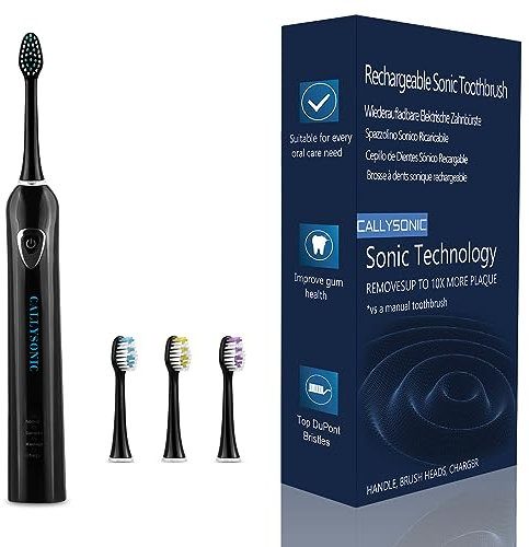 CallySonic Sonic Elektrische Zahnbürste, H31 Schallzahnbürste Elektrische mit 4 Aufsteckbürsten, 3 Putzprogrammen, Timer, USB-Ladung mit Hält 45 Tage, Wasserdicht nach IPX7, Schwarz