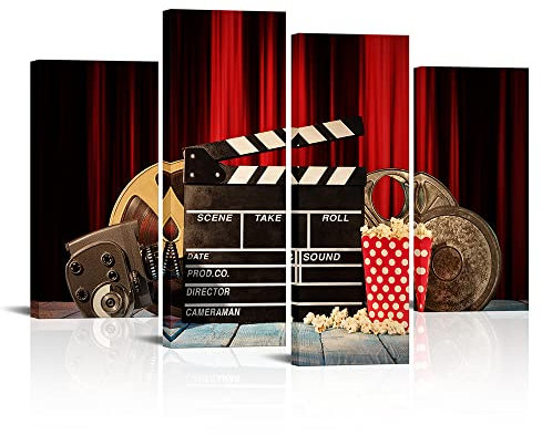 VANSEEING 4-teiliges Filmkonzept-Szene, Leinwanddruck, Wandkunst, klassische alte Mode, Filmklöppelbrett, Filmprojektor und Popcorn-Bilder, Gemälde für Heimkino, Kino, Dekoration, gerahmt