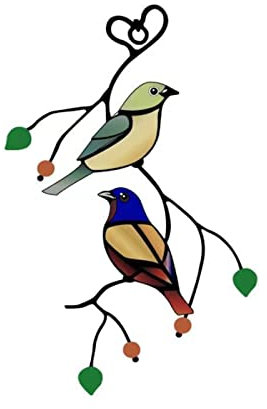 Multicolor Birds on Tree Branch Sun Catcher Glass Window Art Hanging Decoration Hummingbird Ornament for Home Bedroom Garden