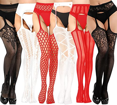 DRESHOW Medias de red para mujer Medias con tirantes Medias altas hasta el muslo