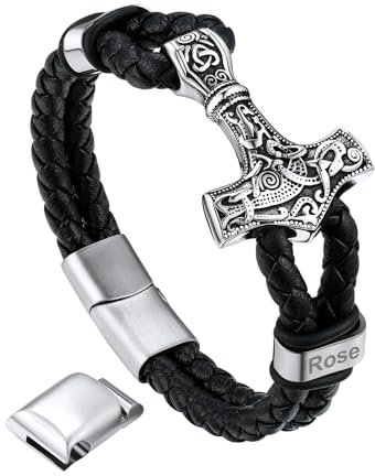 Bandmax Faux Lederarmband 21cm Personalisiertes Armband für Männer Schwarz Wachsschnur Armband mit Edelstahl Thors Hammer Manschette Armkette mit Magnet Verschluss Modeschmuck Accessooire