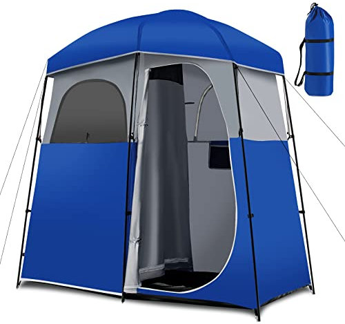 Tangkula Double-Room Shower Tent, Oversize Space Privacy Tent for Camping with Floor, Portable Camping Changing Tent with Removable Rain Fly, Storage Bag for Dressing, Toilet