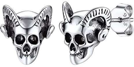 Silvora Ohrstecker 925 Silber Herren Damen Totenkopf Ohrringe Hip Hop Schafkopf Ohrringe Punk Satan Schaf-Schädel-Ohrstecker für Männer Frauen Mode Totenkopf Ohrringe Accessoires