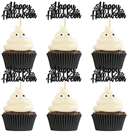 24 Stück Happy Halloween Cupcake Topper Schwarz Spinnennetz Glitzer Halloween Cupcake Picks für Halloween Thema Babyparty Geburtstag Party Kuchen Dekorationen Zubehör