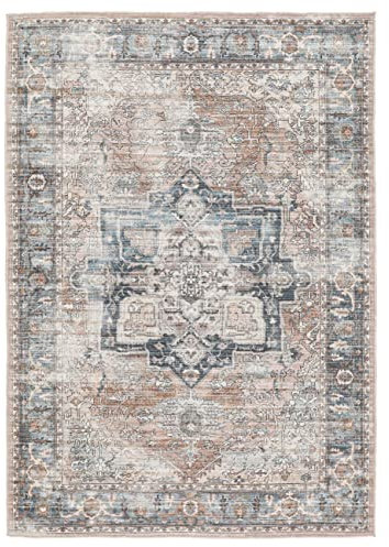 RugVista Dhabi Oriental, Teppich, Moderne Teppiche, 180 x 120 cm, Rechteckig, Mittlerer Stapel, Wohnzimmer, Schlafzimmer, Küche, Maschinenwäsche, Oeko_tex_100, Terracotta/Blau