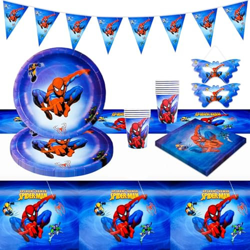 Dekewe 62Pcs Spiderman Party Decorations, Superhero Birthday Decorations Party Tableware Set Party Supplies Party Paper Plates Tablecloth Cups Birthday Pennant Napkins for Kids Party (10 Guests), Red