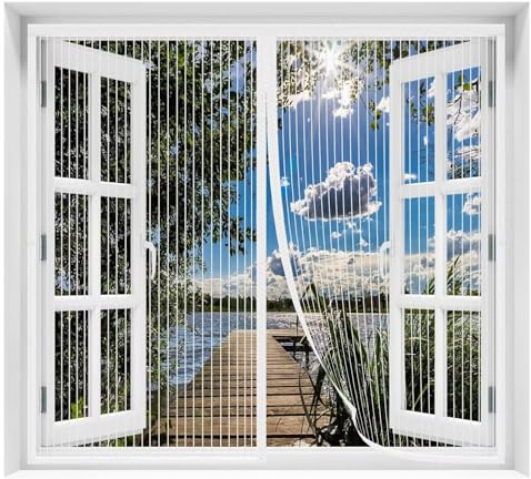 AQKaki Magnétique Moustiquaire Fenêtre, Auto-adhésive Rideaux Anti Mouche | 90x90cm Blanc Fibre Polyester Moustiquaire Porte Fenetre Rideau de Fenêtre Antimoustique Aimant Forts pour Chambre Séjour