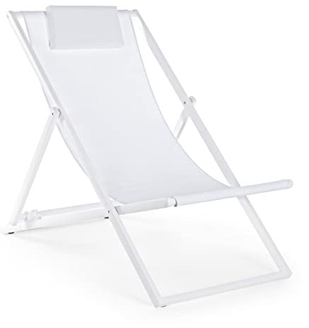 KLULK Sedia A Sdraio Pieghevole In Alluminio Verniciato Bianco, Telo In texilene, Schienale Reclinabile 3 Posizioni, 60 x 101 x 35 Cm Per Giardino E Piscina
